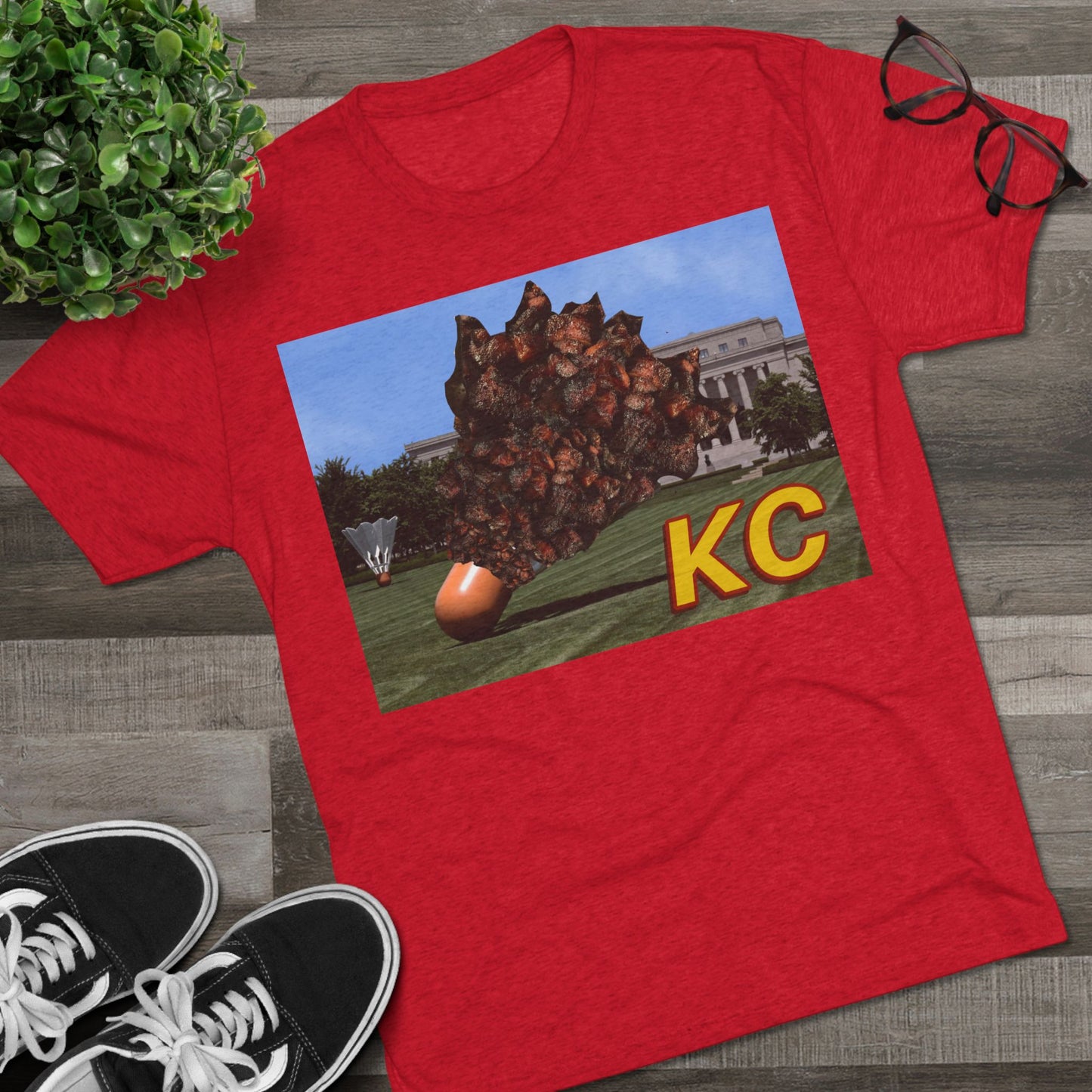 Kansas City - Big Burnt Ends Shuttlecock at the Nelson-Atkins - KCTz series - Unisex Tri-Blend Crew Tee