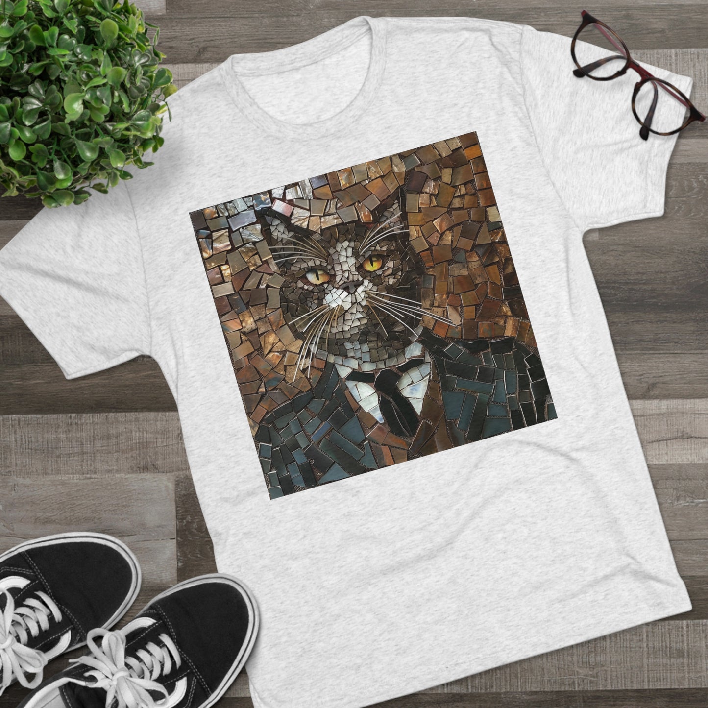 Fancy Gent Mosaic Cat - Unisex Tri-Blend Crew Tee