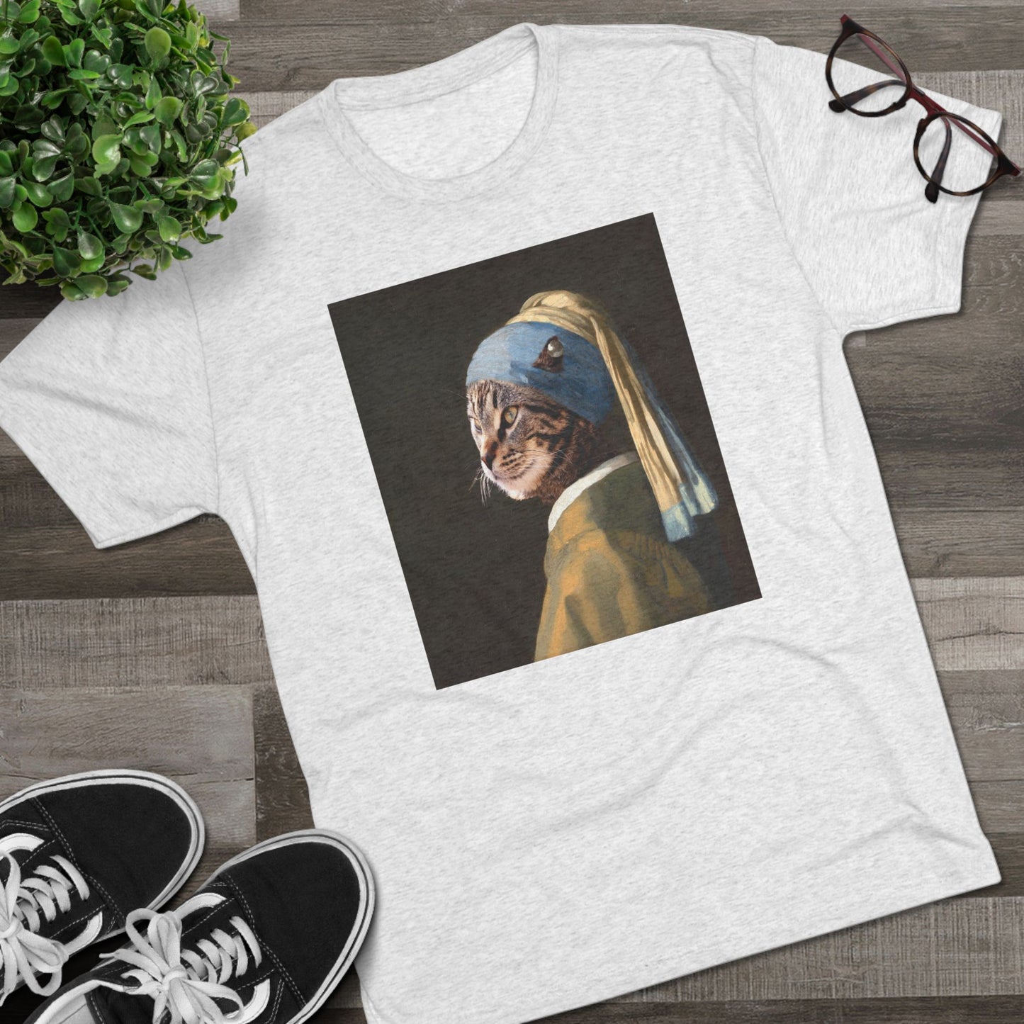 Cat with a Pearl Earring--a homage to Johannes Vermeer - Tri-blend tee