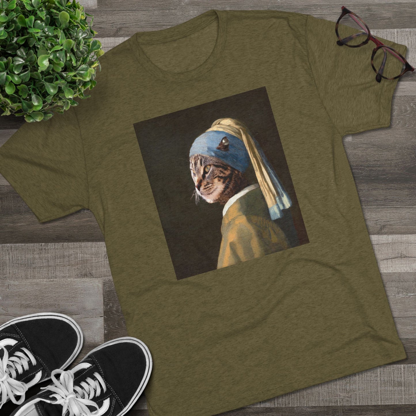 Cat with a Pearl Earring--a homage to Johannes Vermeer - Tri-blend tee