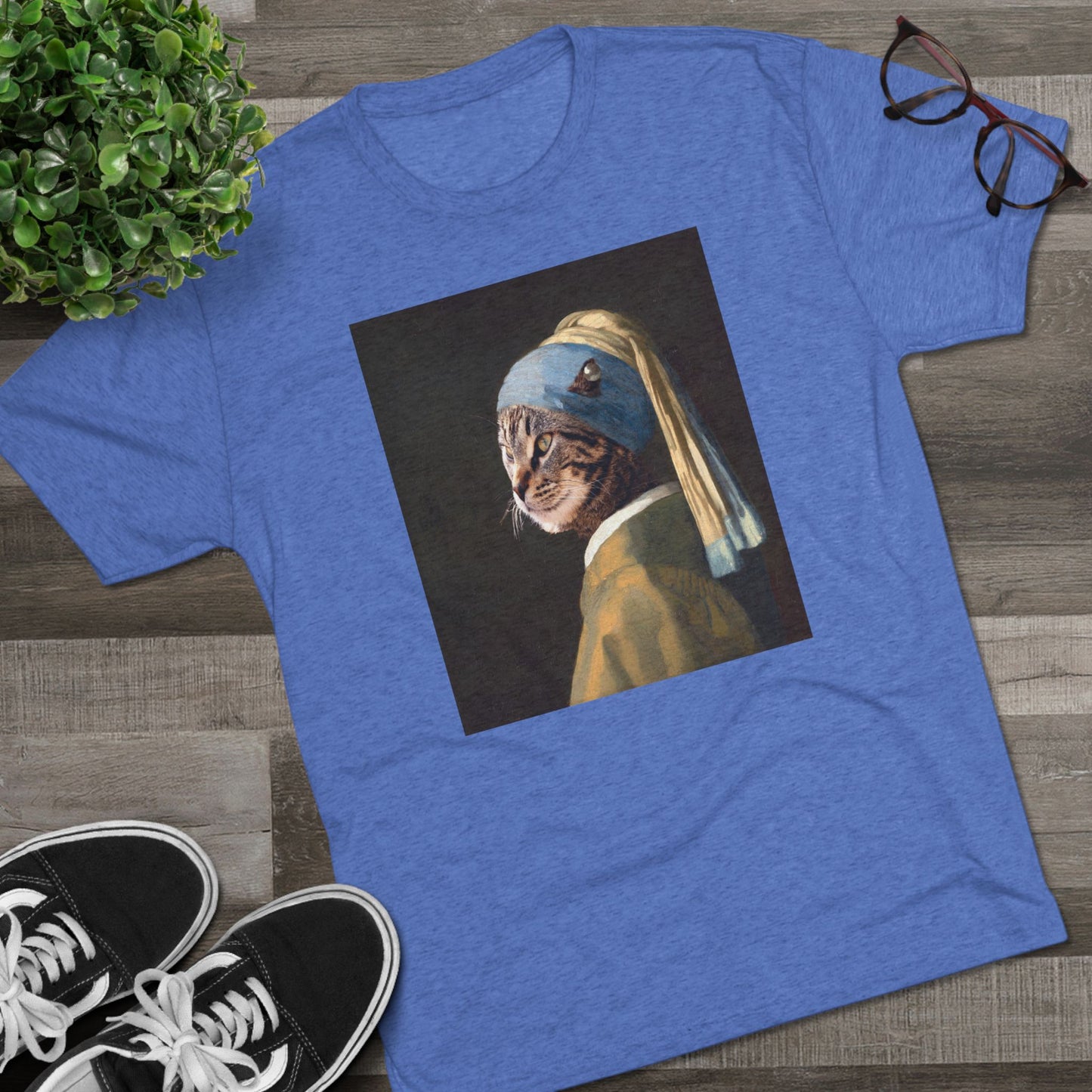 Cat with a Pearl Earring--a homage to Johannes Vermeer - Tri-blend tee