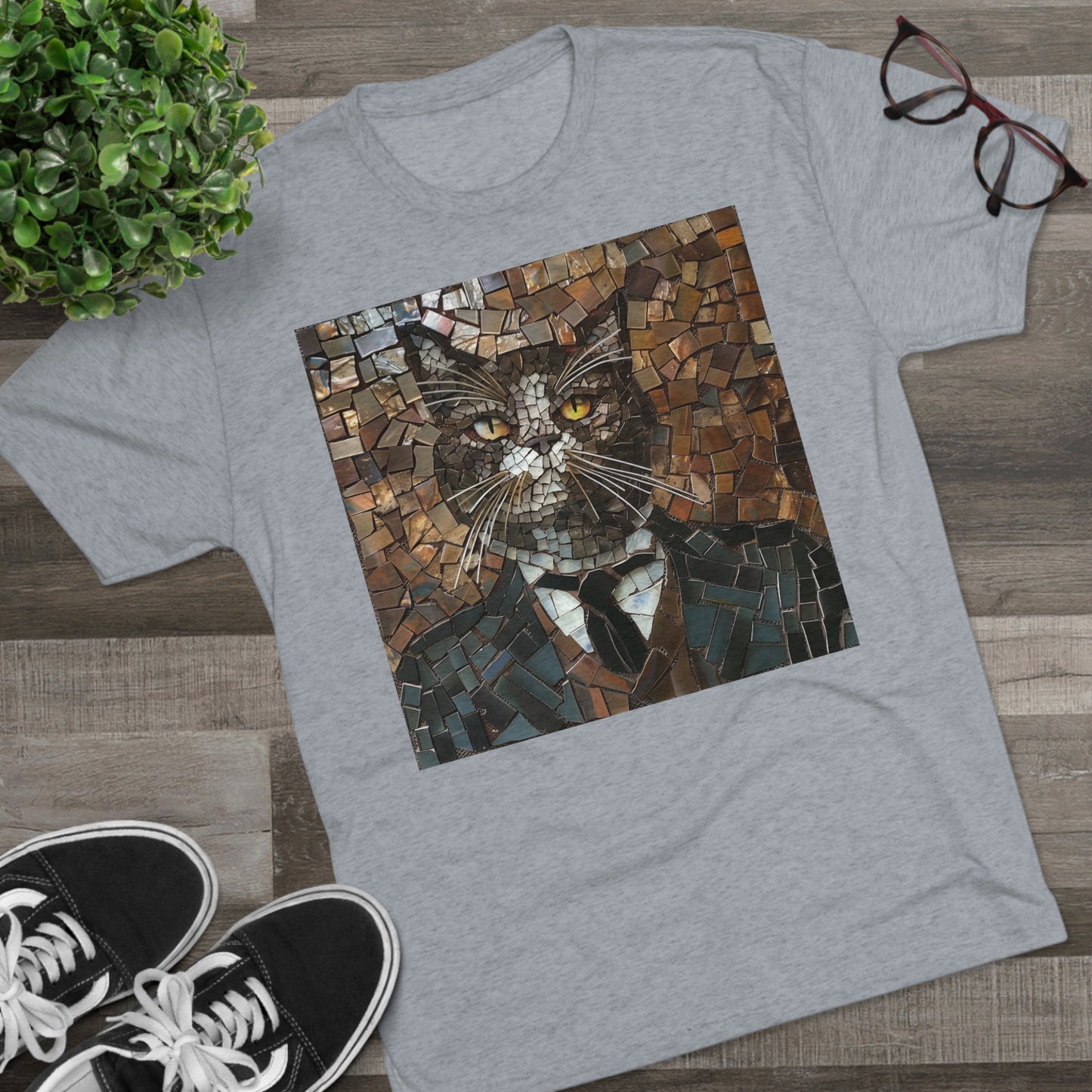 Fancy Gent Mosaic Cat - Unisex Tri-Blend Crew Tee