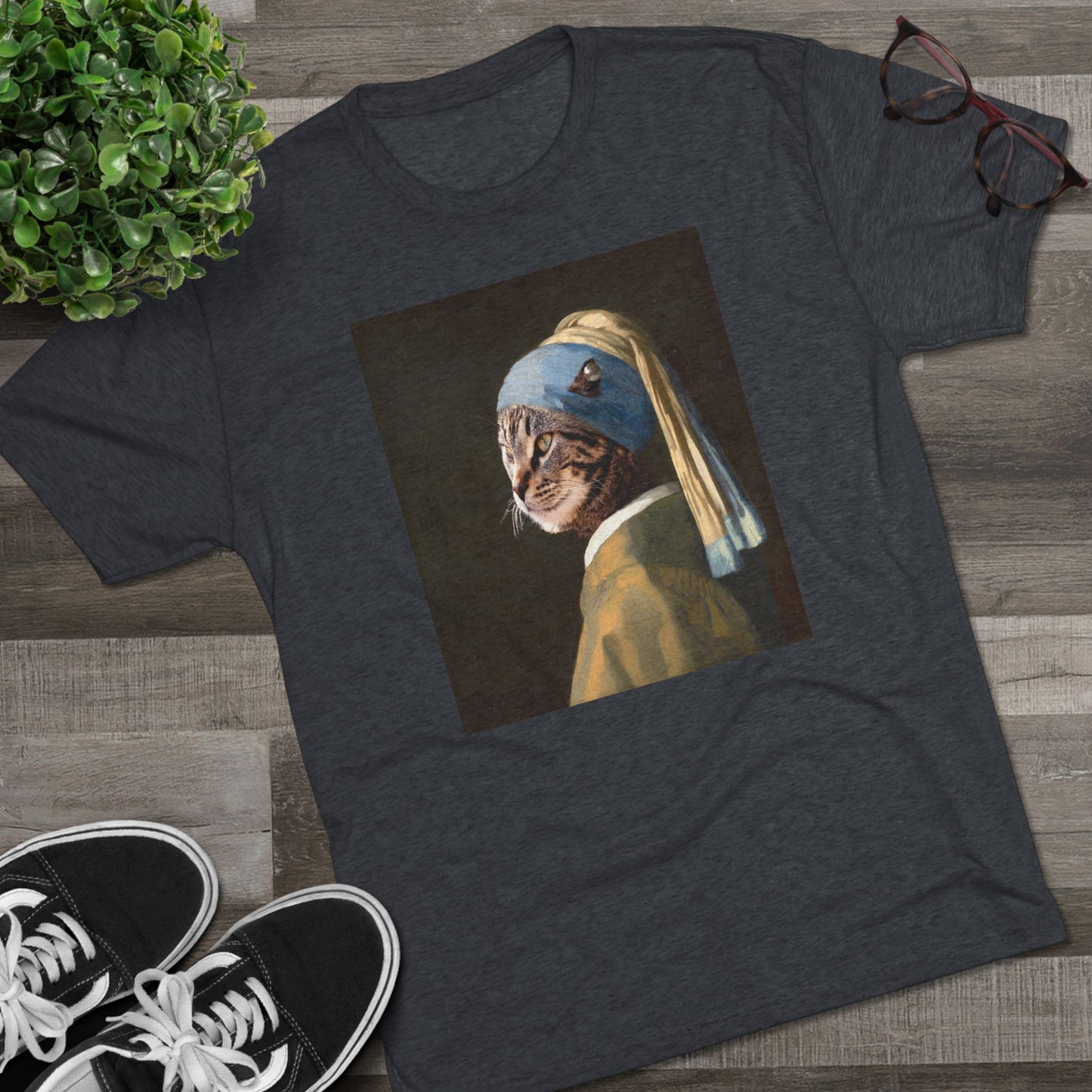 Cat with a Pearl Earring--a homage to Johannes Vermeer - Tri-blend tee