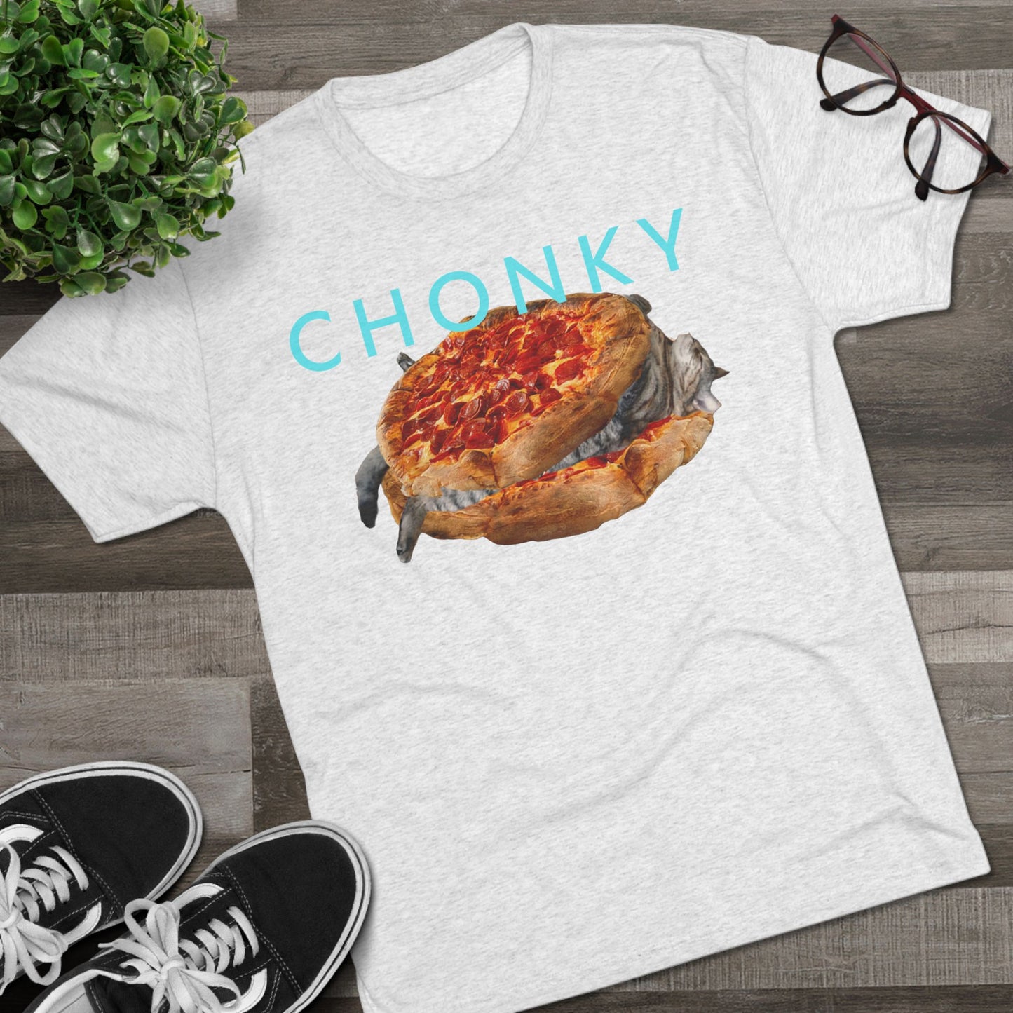 Chonky Cat Nappin Between Two Thicc Pizzas (OG vers) -  cat shirt  -  Unisex Tri-Blend Crew Tee