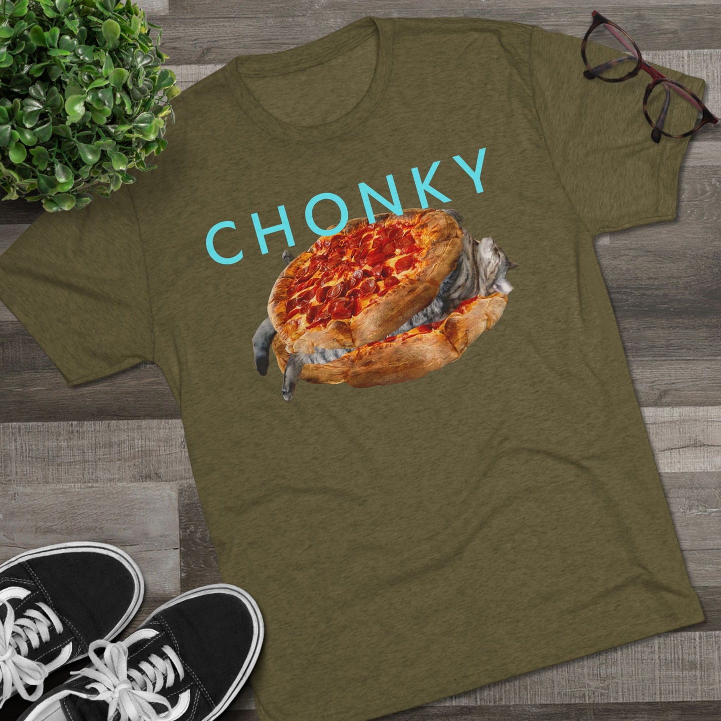 Chonky Cat Nappin Between Two Thicc Pizzas (OG vers) -  cat shirt  -  Unisex Tri-Blend Crew Tee