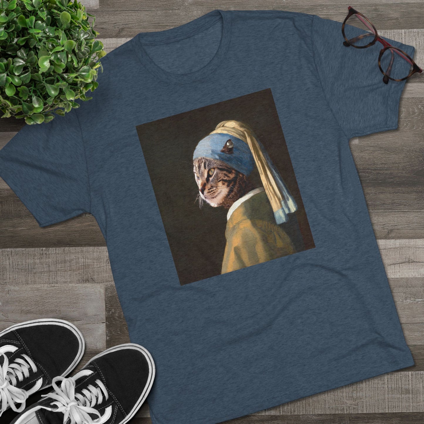 Cat with a Pearl Earring--a homage to Johannes Vermeer - Tri-blend tee