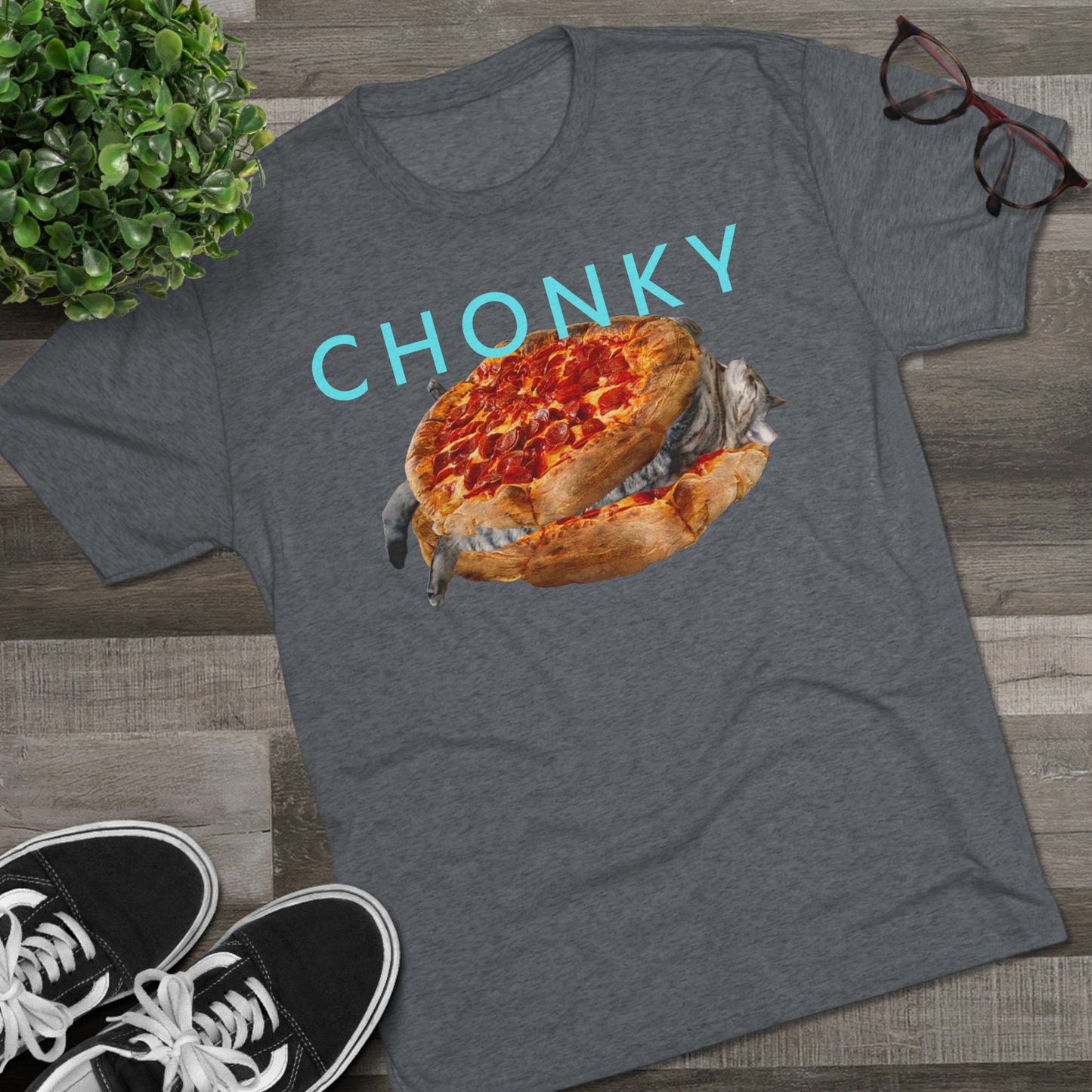 Chonky Cat Nappin Between Two Thicc Pizzas (OG vers) -  cat shirt  -  Unisex Tri-Blend Crew Tee