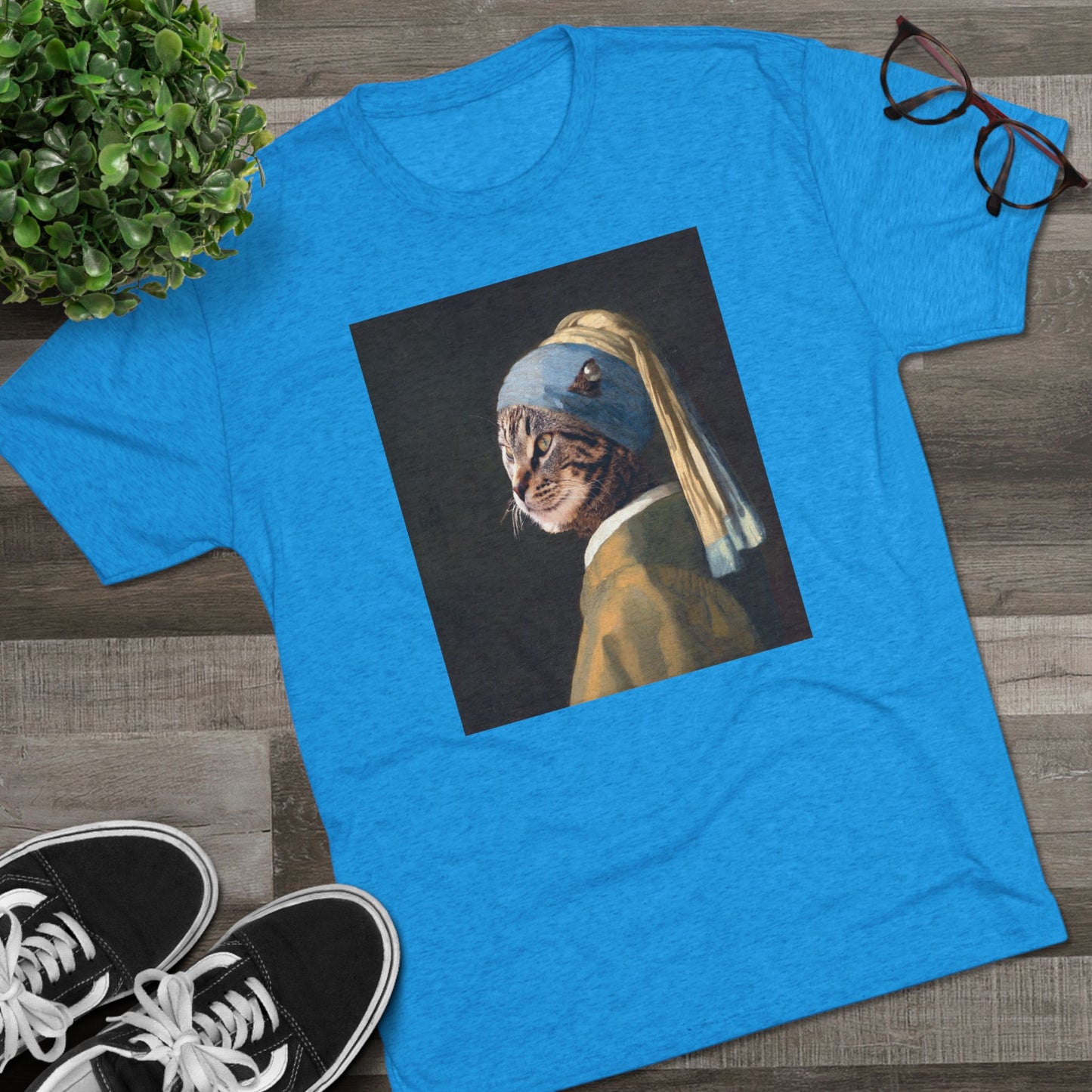 Cat with a Pearl Earring--a homage to Johannes Vermeer - Tri-blend tee