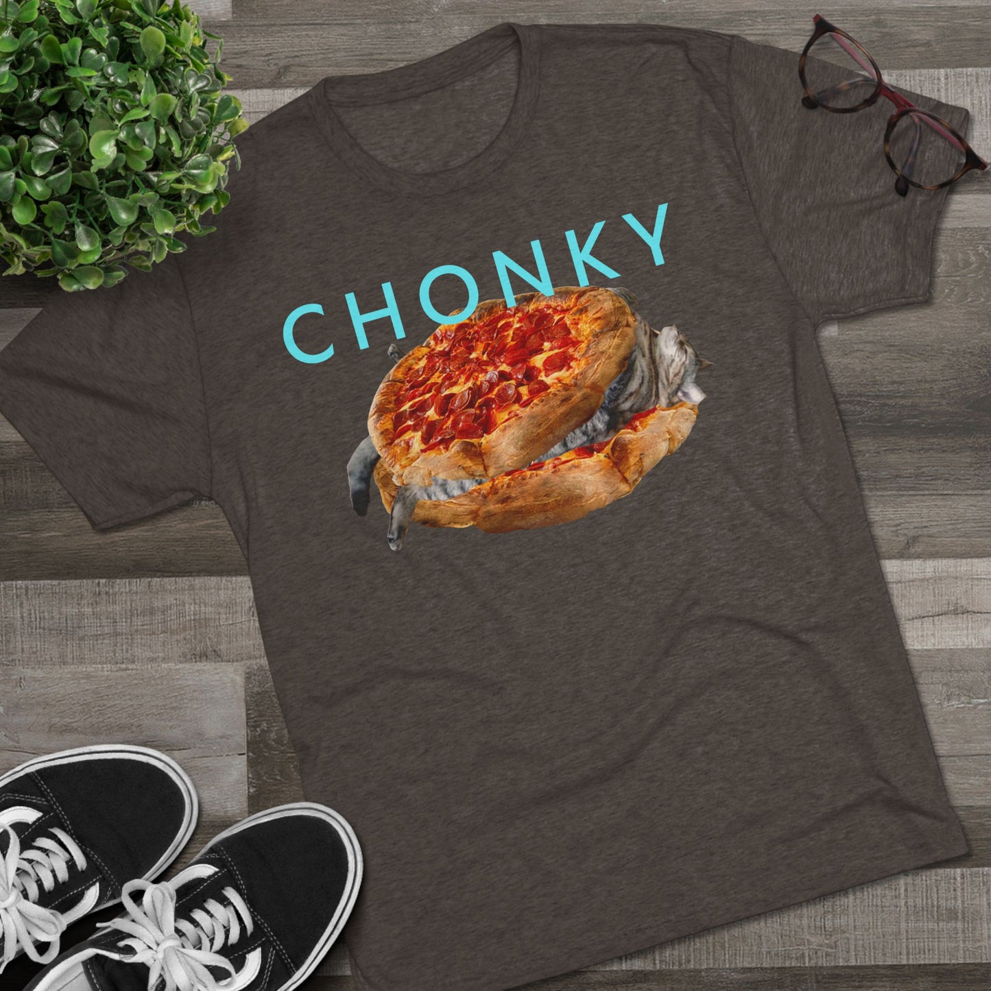 Chonky Cat Nappin Between Two Thicc Pizzas (OG vers) -  cat shirt  -  Unisex Tri-Blend Crew Tee