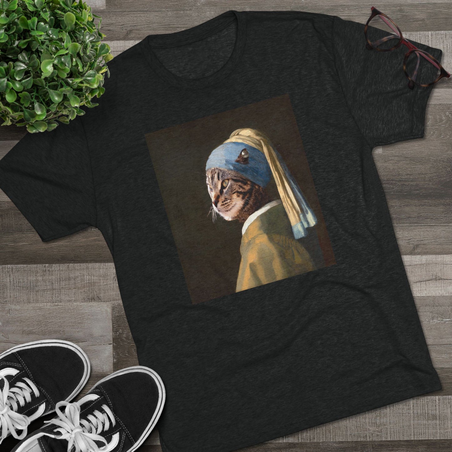 Cat with a Pearl Earring--a homage to Johannes Vermeer - Tri-blend tee