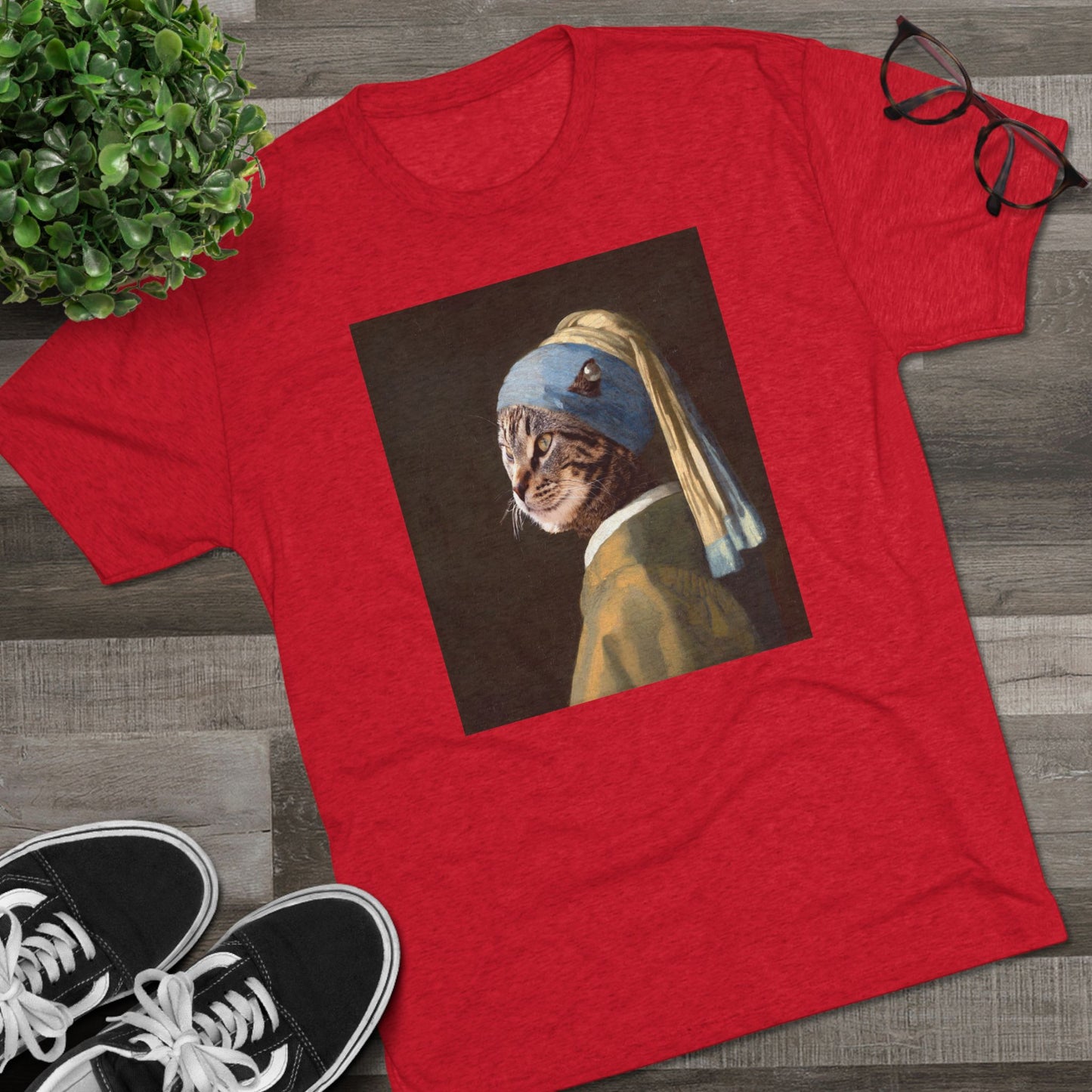 Cat with a Pearl Earring--a homage to Johannes Vermeer - Tri-blend tee