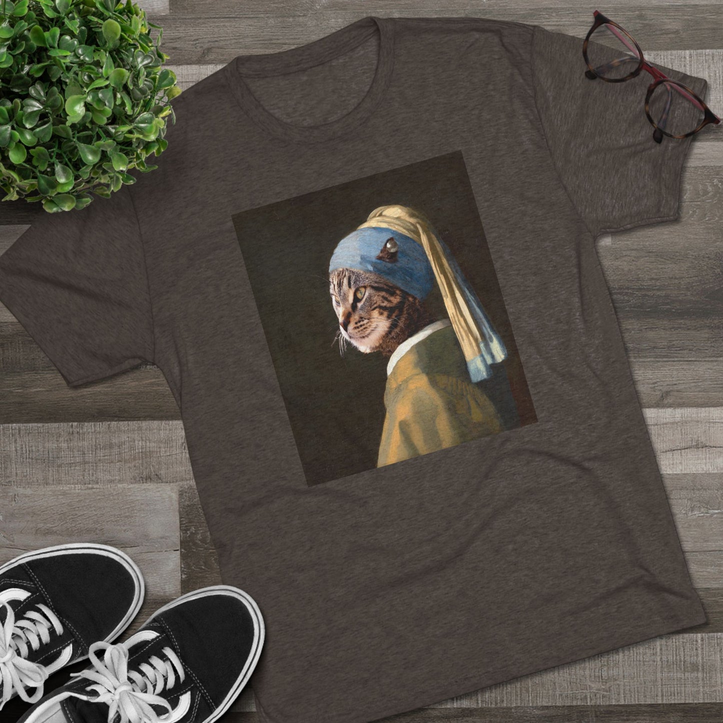 Cat with a Pearl Earring--a homage to Johannes Vermeer - Tri-blend tee