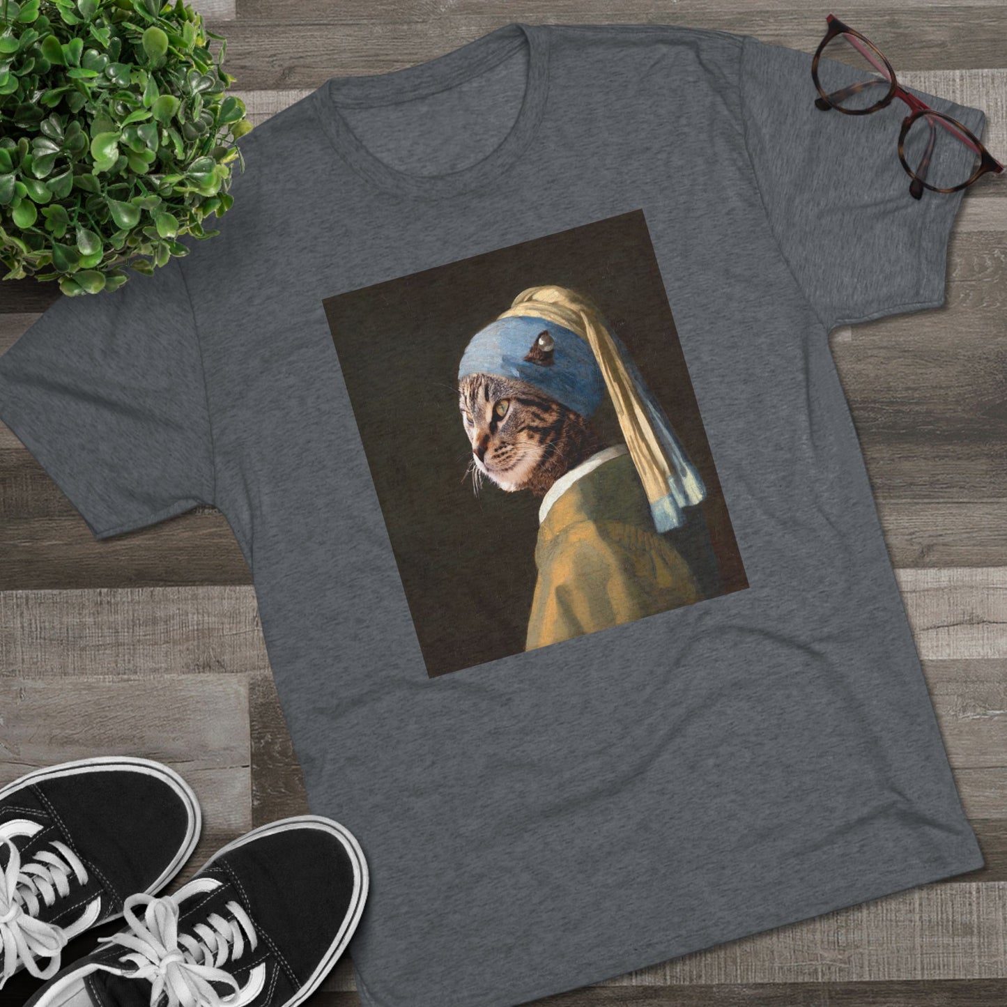 Cat with a Pearl Earring--a homage to Johannes Vermeer - Tri-blend tee